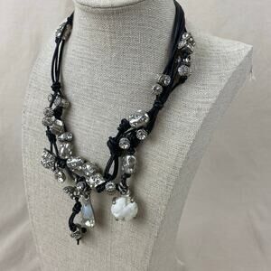 Rodrigo Otazu Black Leather Swarovski Crystal Butterfly Statement Necklace